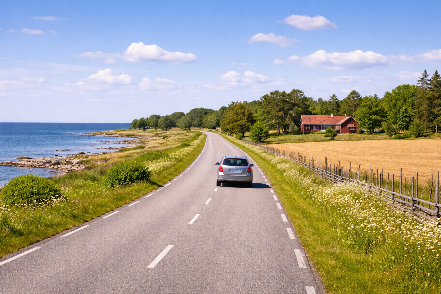 Auto entlang schwedischer Küstenstrasse