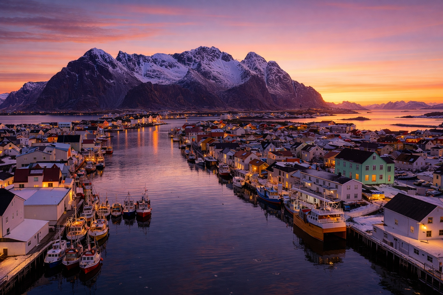 Fischerdorf in den Lofoten bei Morgendämmerung